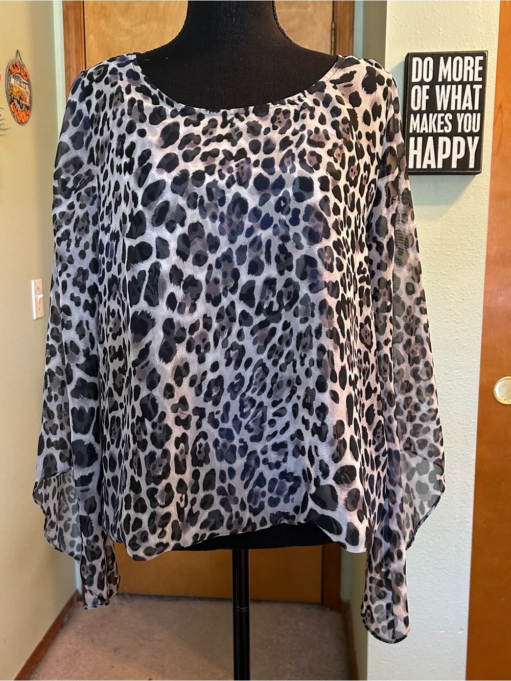 Alfani leopard print semi sheer blouse built in cami bell sleeve round neck M